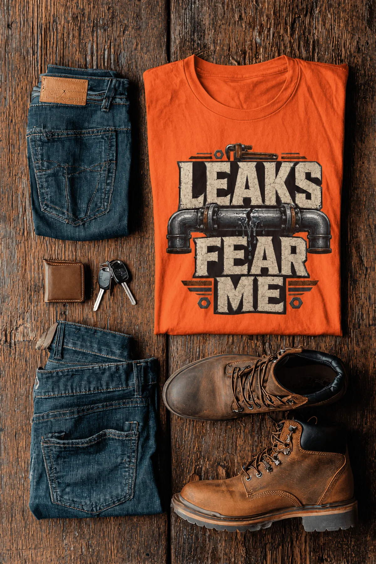 Leaks Fear Me T-Shirt - Funny Plumber Pipes Tee — orange t-shirt, flat-lay product photo | Pressure Tested Co