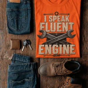I Speak Fluent Engine T-Shirt — Mechanic Wrench Vintage Auto Repair Tee — orange t-shirt, flat-lay product photo | Pressure Tested Co