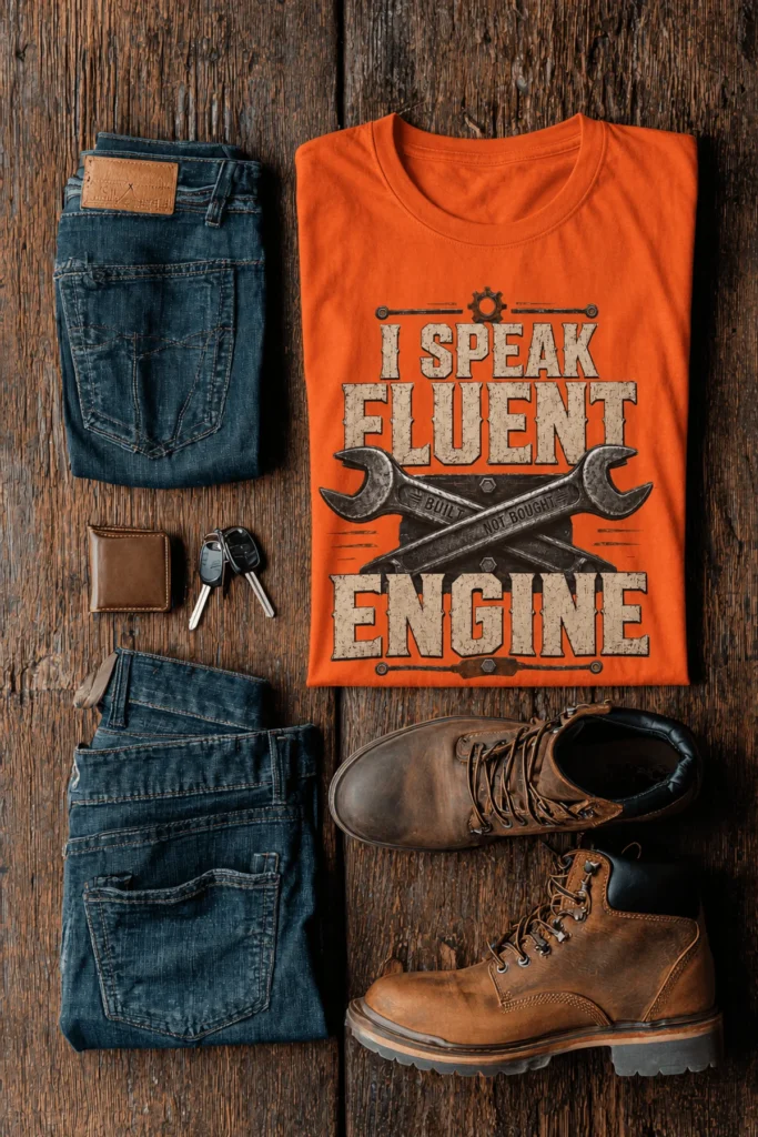 I Speak Fluent Engine T-Shirt — Mechanic Wrench Vintage Auto Repair Tee — orange t-shirt, flat-lay product photo | Pressure Tested Co