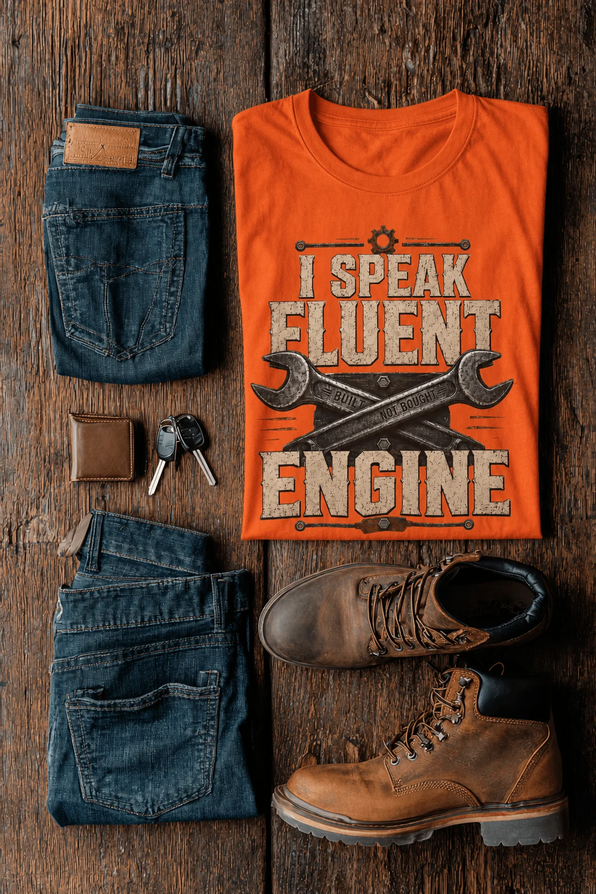 I Speak Fluent Engine T-Shirt — Mechanic Wrench Vintage Auto Repair Tee — orange — Flat-lay I Speak Fluent Engine T-Shirt — Mechanic Wrench Vintage Auto Repair Tee — orange t-shirt, flat-lay product photo | Pressure Tested Co
