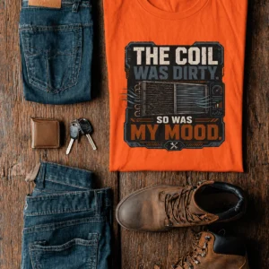 HVAC Technician Tee — “THE COIL WAS DIRTY. SO WAS MY MOOD.” — orange t-shirt, flat-lay product photo | Pressure Tested Co