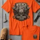 Wrench First Tee — "Wrench First, Questions Later" Mechanic Skull T-Shirt — orange t-shirt, flat-lay product photo | Pressure Tested Co