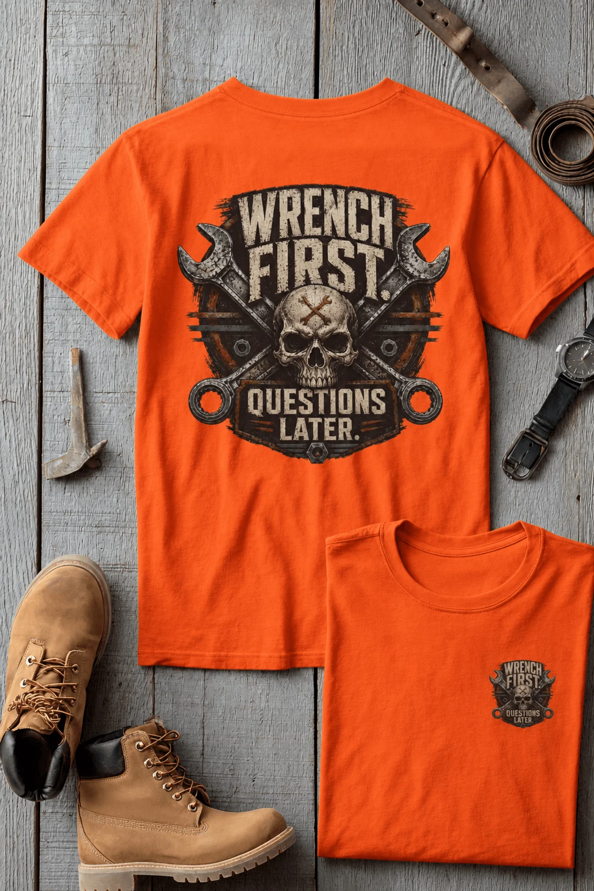 Wrench First Tee — "Wrench First, Questions Later" Mechanic Skull T-Shirt — orange t-shirt, flat-lay product photo | Pressure Tested Co