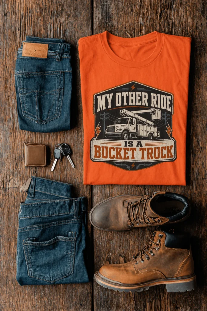 Bucket Truck T-Shirt - “My Other Ride Is A Bucket Truck” Utility Crew/Electrician Tee — orange t-shirt, flat-lay product photo | Pressure Tested Co