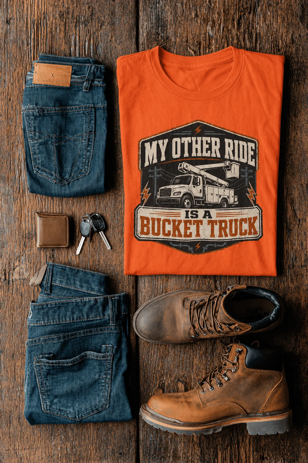 Bucket Truck T-Shirt - “My Other Ride Is A Bucket Truck” Utility Crew/Electrician Tee — orange t-shirt, flat-lay product photo | Pressure Tested Co