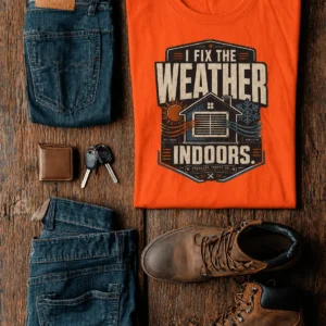 Funny HVAC Technician Tee - “I Fix The Weather Indoors.” Cooling/Furnace Shop Work Shirt — orange t-shirt, flat-lay product photo | Pressure Tested Co