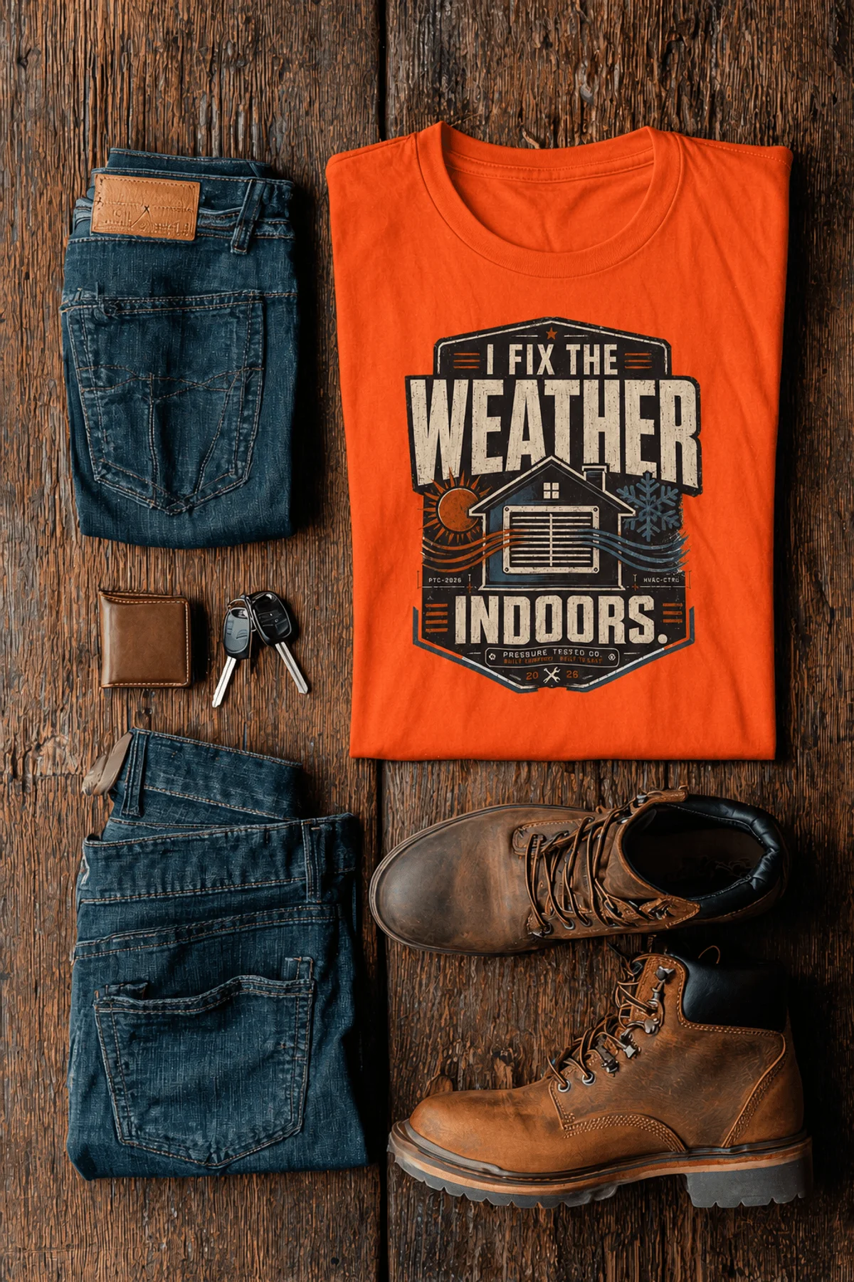 Funny HVAC Technician Tee - “I Fix The Weather Indoors.” Cooling/Furnace Shop Work Shirt — orange — Flat-lay Funny HVAC Technician Tee - “I Fix The Weather Indoors.” Cooling/Furnace Shop Work Shirt — orange t-shirt, flat-lay product photo | Pressure Tested Co