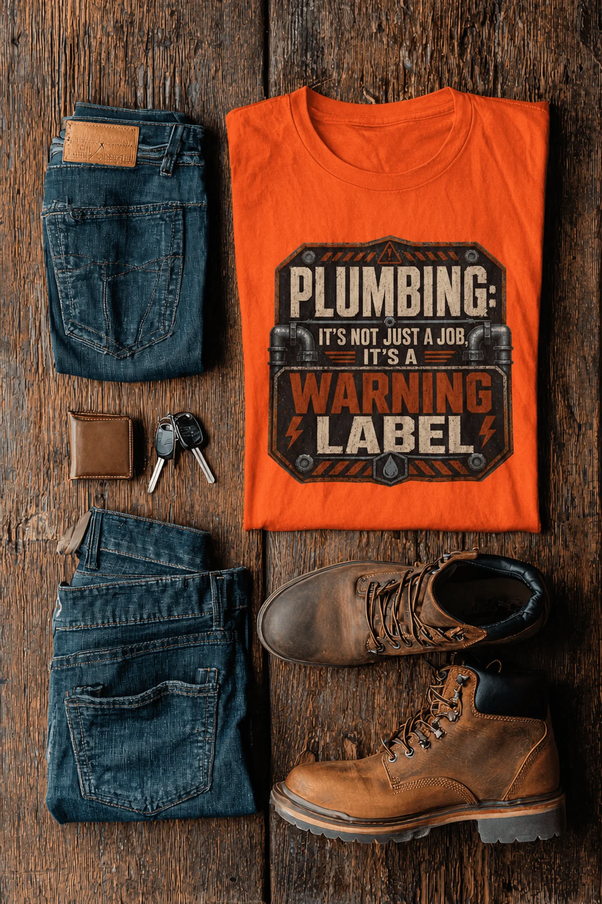 Plumbing Warning Label T-Shirt — Funny Plumber Shirt — orange t-shirt, flat-lay product photo | Pressure Tested Co