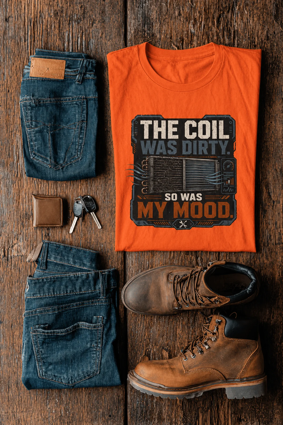 HVAC Technician Tee — “THE COIL WAS DIRTY. SO WAS MY MOOD.” — orange — Flat-lay HVAC Technician Tee — “THE COIL WAS DIRTY. SO WAS MY MOOD.” — orange t-shirt, flat-lay product photo | Pressure Tested Co