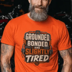 Grounded, Bonded and Slightly Tired Graphic Tee — Funny Electrical Worker Shirt — orange t-shirt, model photo | Pressure Tested Co
