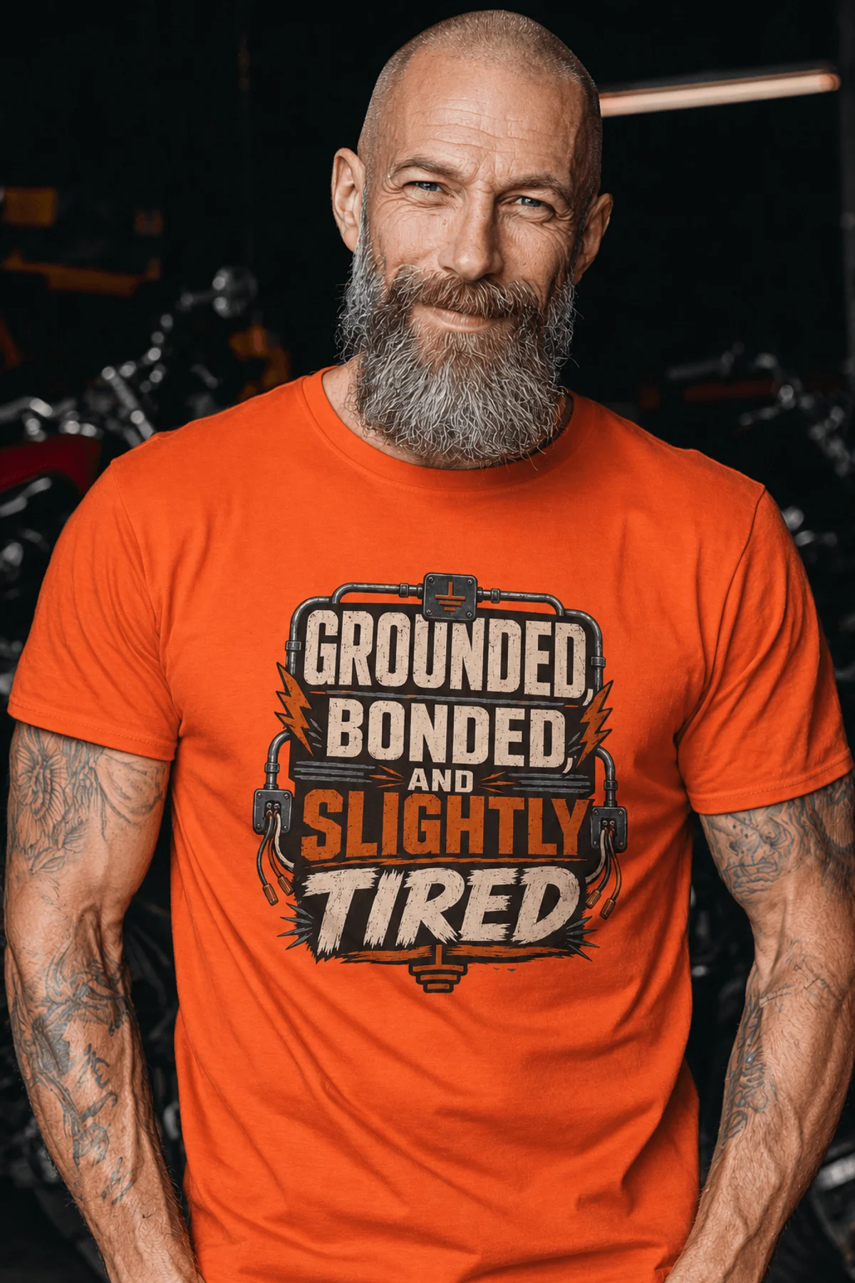 Grounded, Bonded and Slightly Tired Graphic Tee — Funny Electrical Worker Shirt — orange t-shirt, model photo | Pressure Tested Co