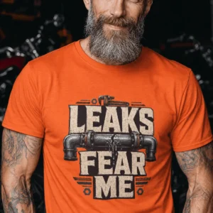 Leaks Fear Me T-Shirt - Funny Plumber Pipes Tee — orange t-shirt, model photo | Pressure Tested Co