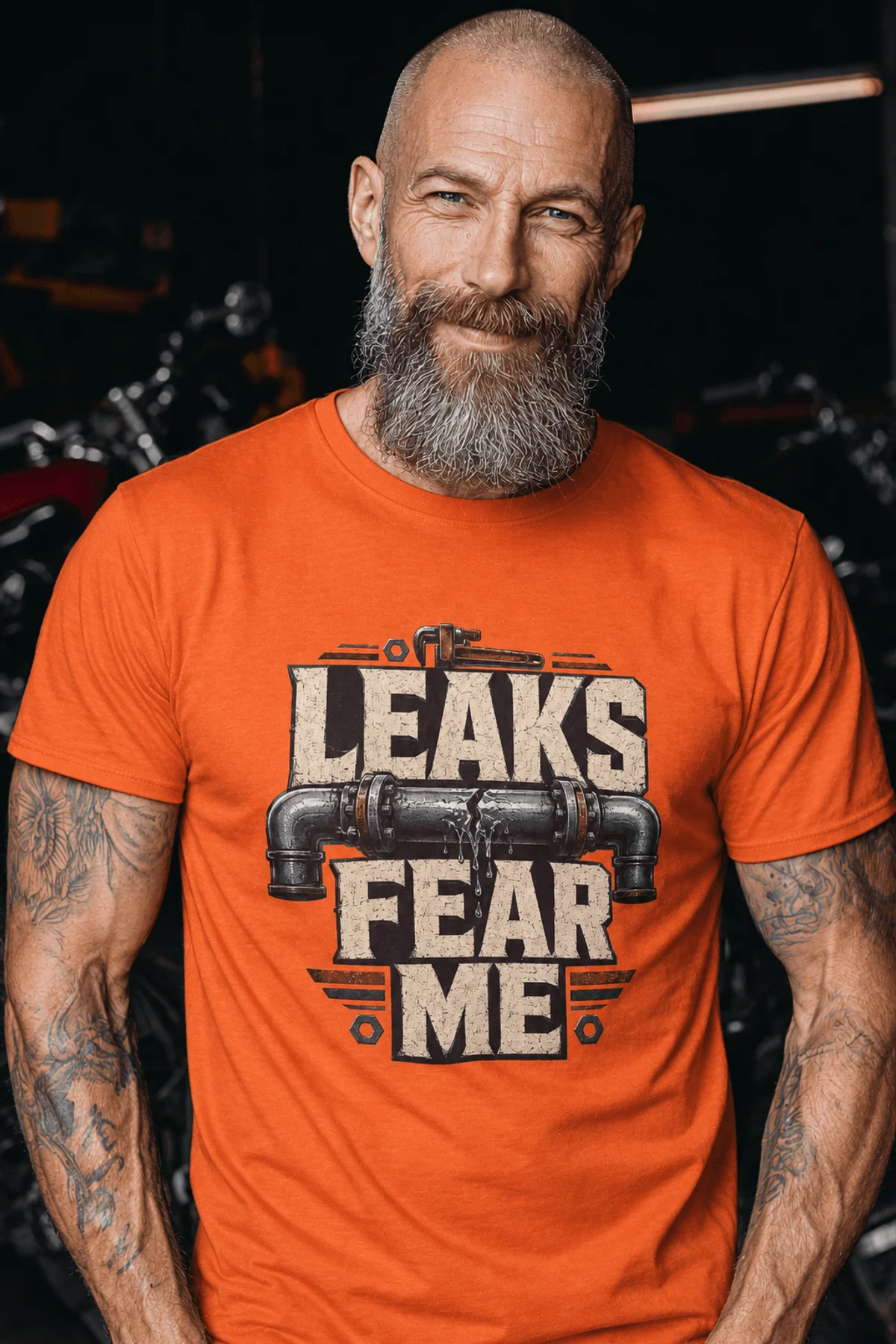 Leaks Fear Me T-Shirt - Funny Plumber Pipes Tee — orange t-shirt, model photo | Pressure Tested Co
