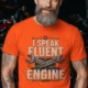 I Speak Fluent Engine T-Shirt — Mechanic Wrench Vintage Auto Repair Tee — orange — Model I Speak Fluent Engine T-Shirt — Mechanic Wrench Vintage Auto Repair Tee — orange t-shirt, model photo | Pressure Tested Co