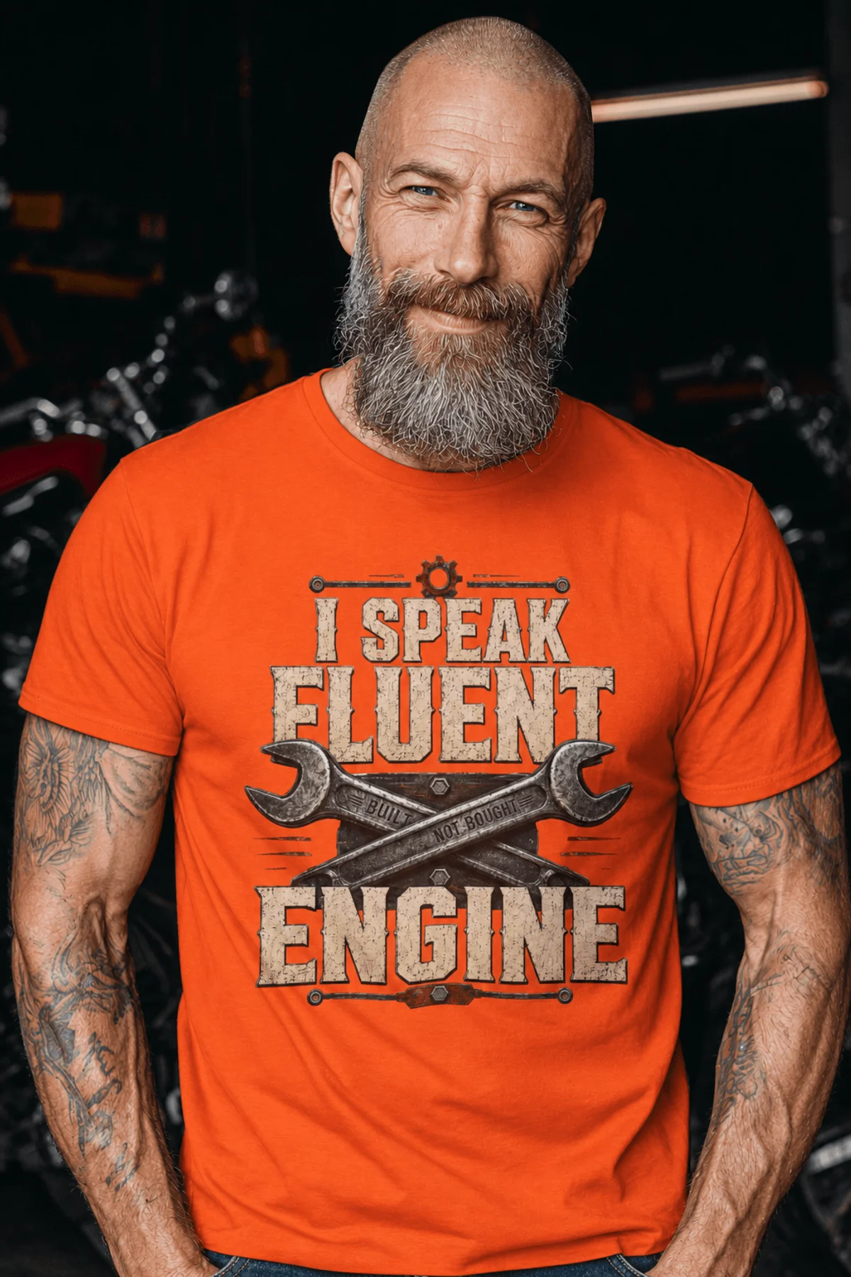 I Speak Fluent Engine T-Shirt — Mechanic Wrench Vintage Auto Repair Tee — orange — Model I Speak Fluent Engine T-Shirt — Mechanic Wrench Vintage Auto Repair Tee — orange t-shirt, model photo | Pressure Tested Co