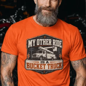 Bucket Truck T-Shirt - “My Other Ride Is A Bucket Truck” Utility Crew/Electrician Tee — orange t-shirt, model photo | Pressure Tested Co