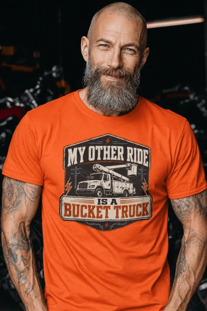 Bucket Truck T-Shirt - “My Other Ride Is A Bucket Truck” Utility Crew/Electrician Tee — orange t-shirt, model photo | Pressure Tested Co