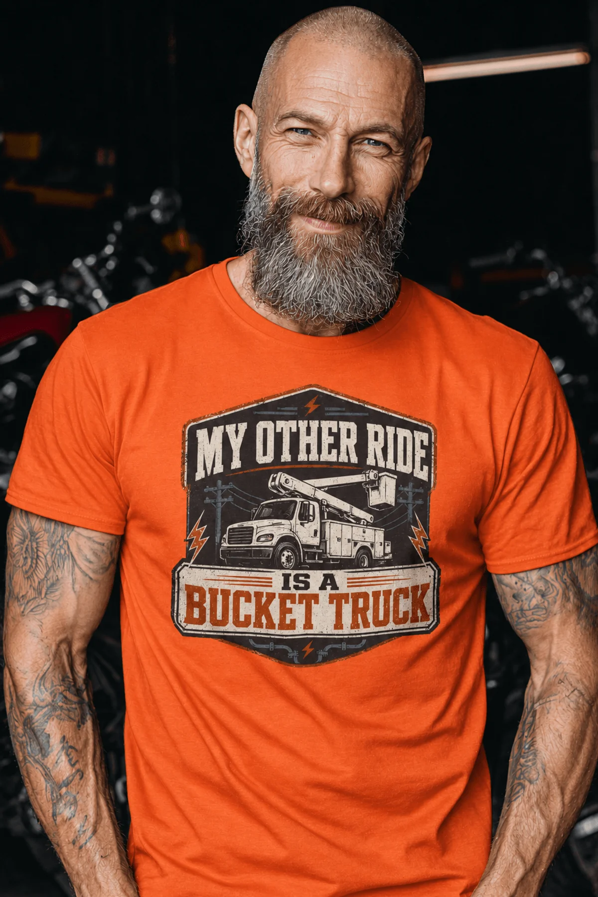 Bucket Truck T-Shirt - “My Other Ride Is A Bucket Truck” Utility Crew/Electrician Tee — orange t-shirt, model photo | Pressure Tested Co