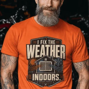 Funny HVAC Technician Tee - “I Fix The Weather Indoors.” Cooling/Furnace Shop Work Shirt — orange t-shirt, model photo | Pressure Tested Co