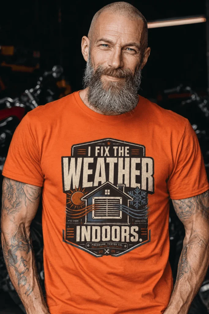Funny HVAC Technician Tee - “I Fix The Weather Indoors.” Cooling/Furnace Shop Work Shirt — orange t-shirt, model photo | Pressure Tested Co