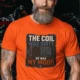 HVAC Technician Tee — “THE COIL WAS DIRTY. SO WAS MY MOOD.” — orange — Model HVAC Technician Tee — “THE COIL WAS DIRTY. SO WAS MY MOOD.” — orange t-shirt, model photo | Pressure Tested Co