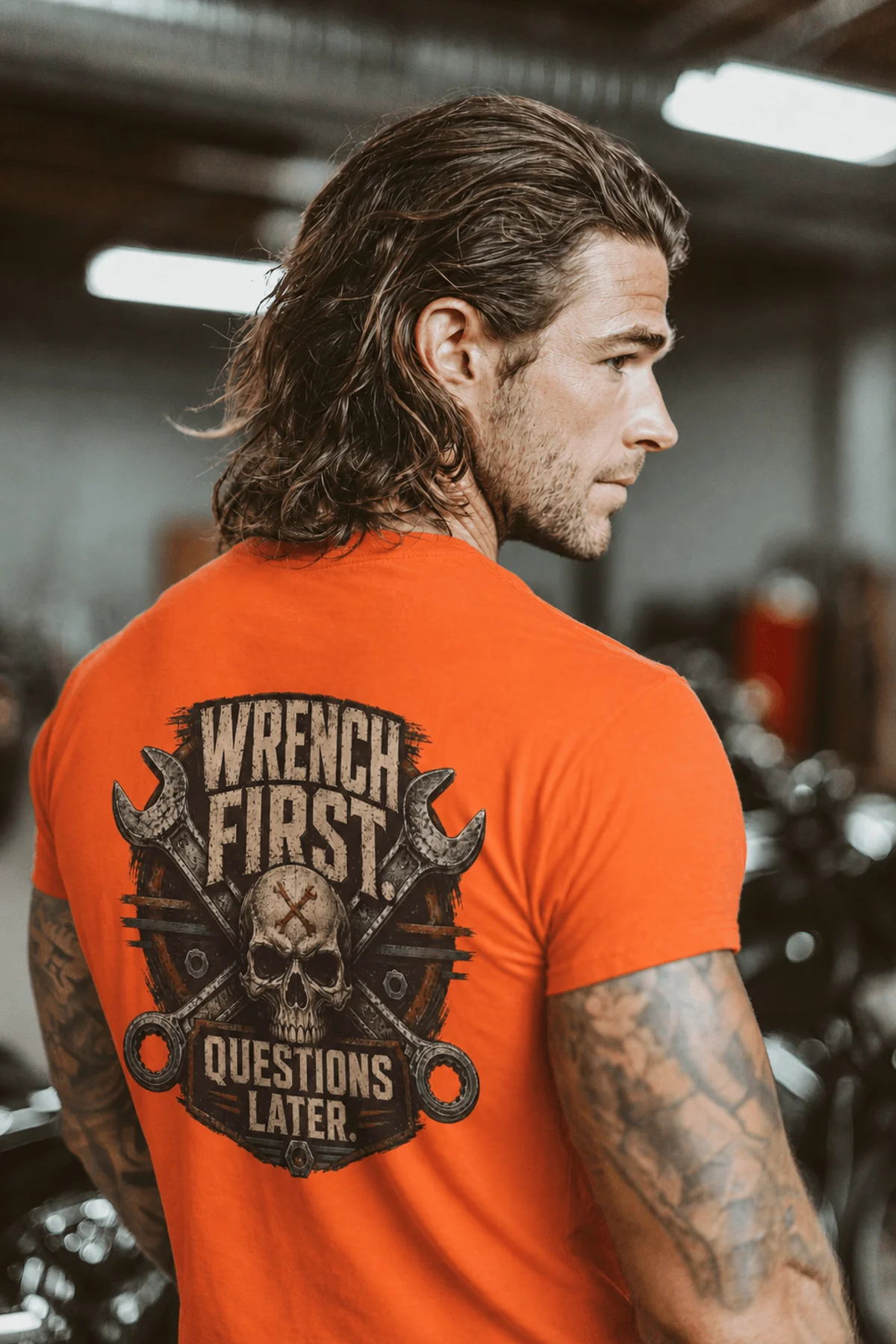 Wrench First Tee — "Wrench First, Questions Later" Mechanic Skull T-Shirt — orange t-shirt, model photo | Pressure Tested Co
