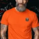 Wrench First Tee — "Wrench First, Questions Later" Mechanic Skull T-Shirt — orange t-shirt, model photo | Pressure Tested Co