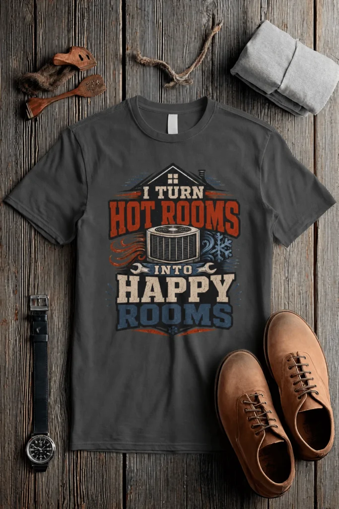 HVAC Technician T-Shirt — "I Turn Hot Rooms Into Happy Rooms" Vintage HVAC Shirt — pepper t-shirt, flat-lay product photo | Pressure Tested Co