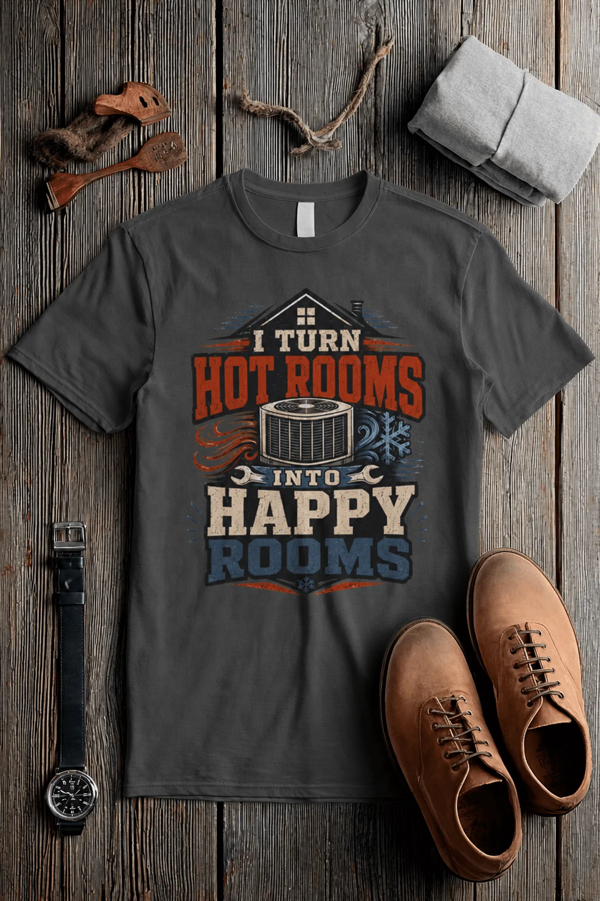 HVAC Technician T-Shirt — "I Turn Hot Rooms Into Happy Rooms" Vintage HVAC Shirt — pepper — Flat-lay HVAC Technician T-Shirt — "I Turn Hot Rooms Into Happy Rooms" Vintage HVAC Shirt — pepper t-shirt, flat-lay product photo | Pressure Tested Co