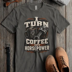 Mechanic Technician T-Shirt — "I Turn Coffee Into Horsepower" Vintage Work Shirt — pepper t-shirt, flat-lay product photo | Pressure Tested Co