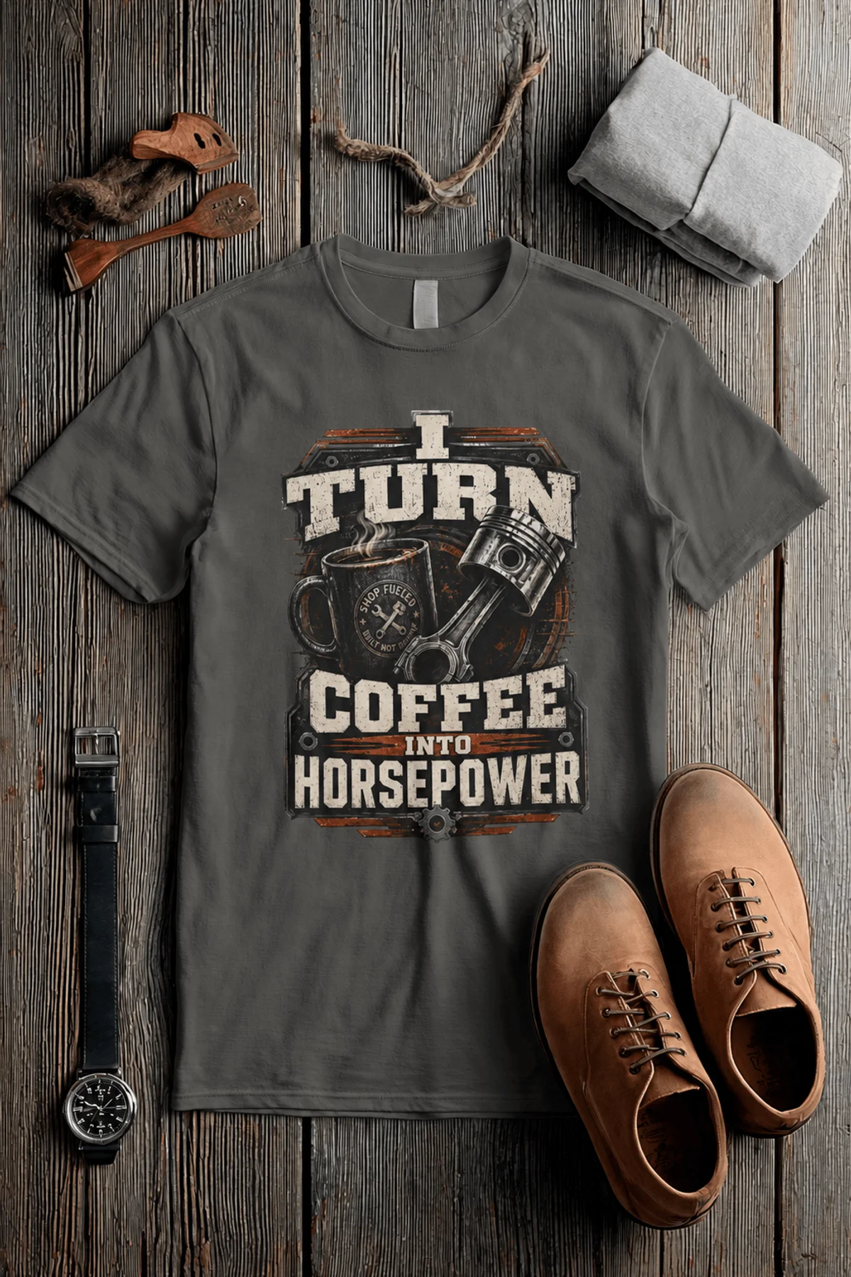Mechanic Technician T-Shirt — "I Turn Coffee Into Horsepower" Vintage Work Shirt — pepper — Flat-lay Mechanic Technician T-Shirt — "I Turn Coffee Into Horsepower" Vintage Work Shirt — pepper t-shirt, flat-lay product photo | Pressure Tested Co