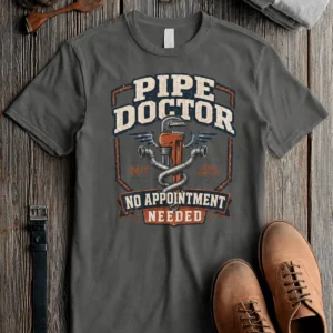 Plumber T-Shirt — "Pipe Doctor. No Appointment Needed" Vintage Work Shirt — pepper t-shirt, flat-lay product photo | Pressure Tested Co