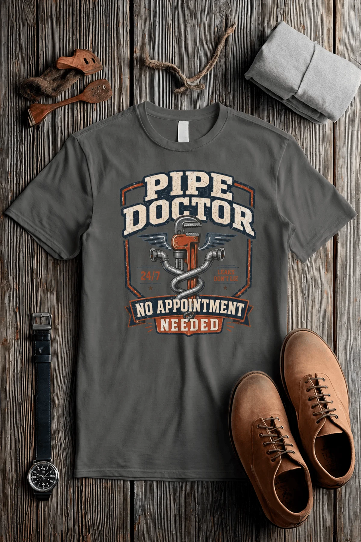 Plumber T-Shirt — "Pipe Doctor. No Appointment Needed" Vintage Work Shirt — pepper — Flat-lay Plumber T-Shirt — "Pipe Doctor. No Appointment Needed" Vintage Work Shirt — pepper t-shirt, flat-lay product photo | Pressure Tested Co