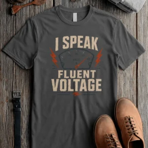 I Speak Fluent Voltage T-Shirt — Electrician & Electronics Tech Gift — pepper t-shirt, flat-lay product photo | Pressure Tested Co