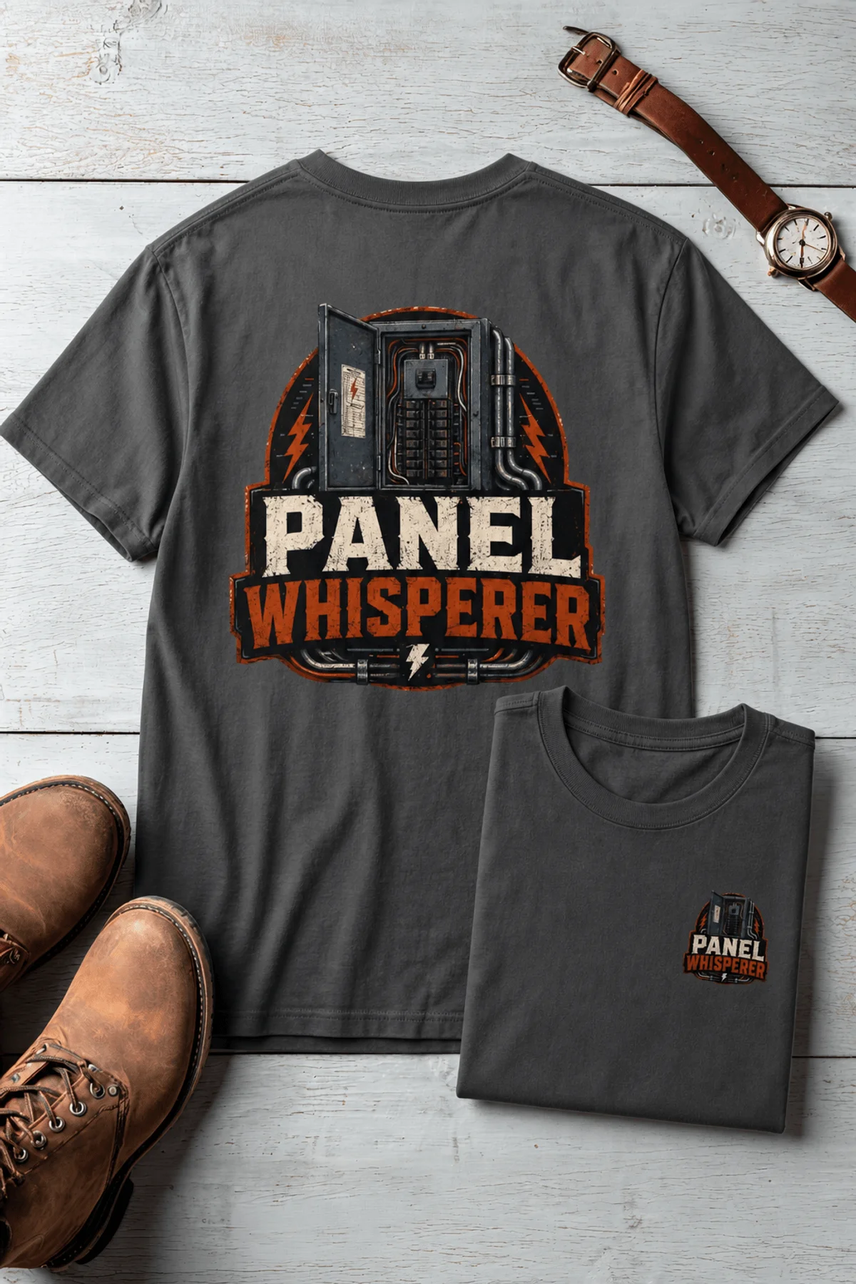 Funny Electrician Tee - "Panel Whisperer" Electrical Worker T-Shirt — pepper t-shirt, flat-lay product photo | Pressure Tested Co