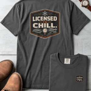 Funny HVAC Tee - "Licensed To Chill" HVAC Technician T-Shirt — pepper t-shirt, flat-lay product photo | Pressure Tested Co