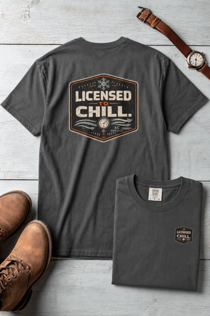Funny HVAC Tee - "Licensed To Chill" HVAC Technician T-Shirt — pepper t-shirt, flat-lay product photo | Pressure Tested Co