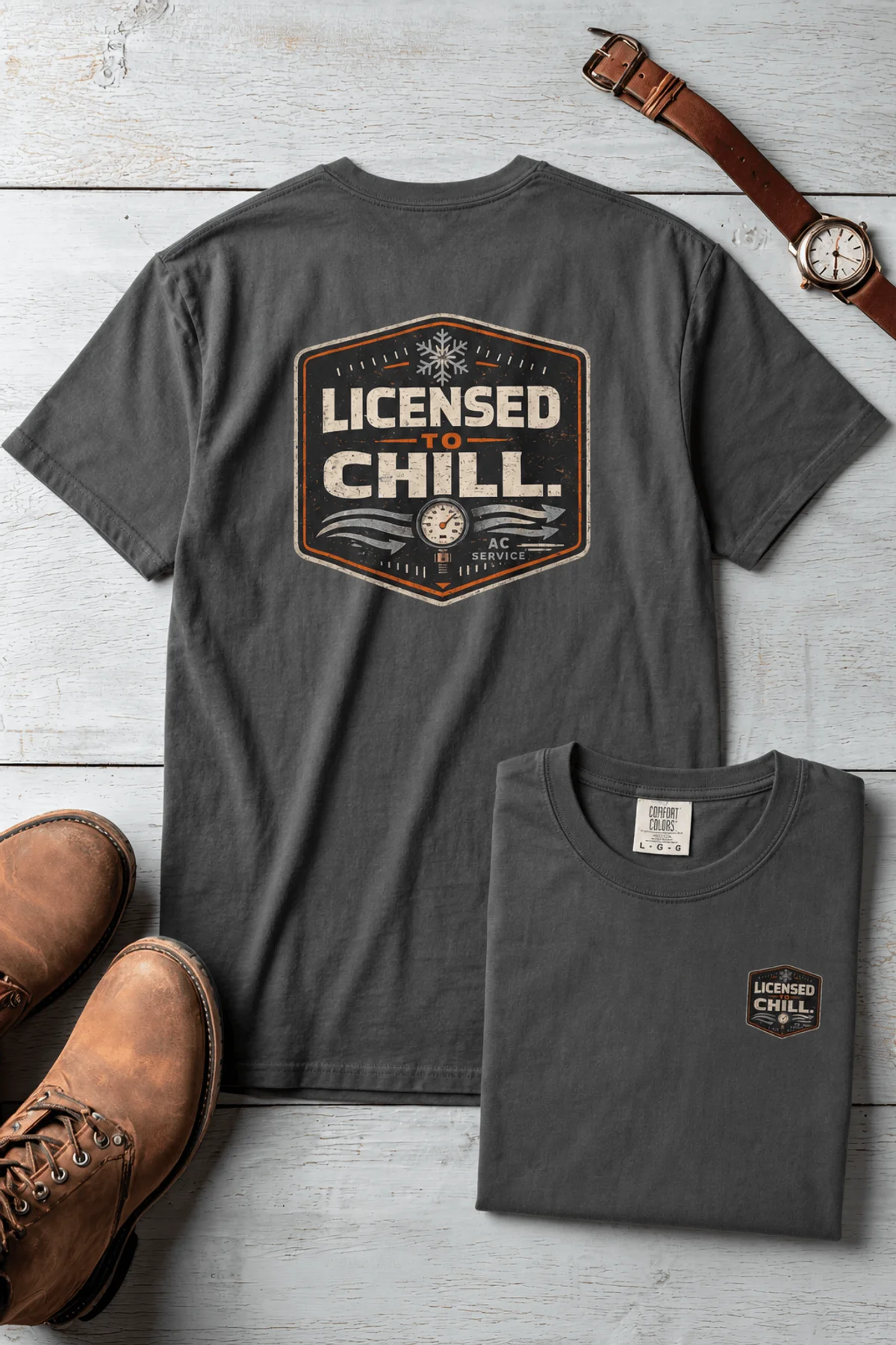Funny HVAC Tee - "Licensed To Chill" HVAC Technician T-Shirt — pepper t-shirt, flat-lay product photo | Pressure Tested Co