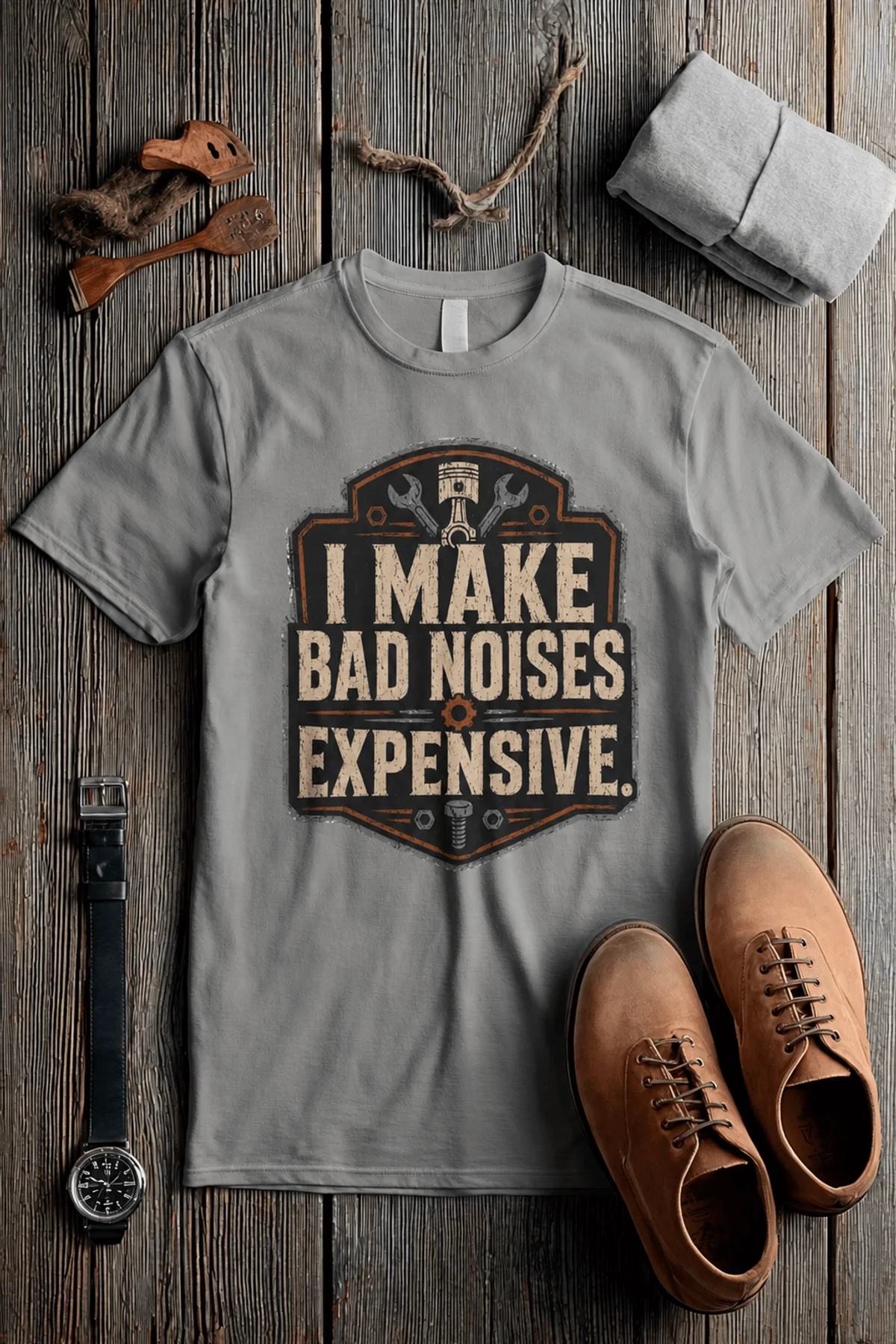 Funny Mechanic Tee - "I Make Bad Noises Expensive" Technician Worker/ Mechanic / Gearhead Tee — pepper t-shirt, flat-lay product photo | Pressure Tested Co