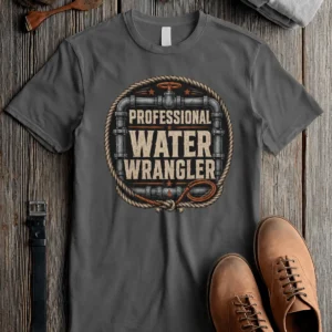 Funny Plumber Tee - "Professional Water Wrangler" Rustic Rope Graphic T-Shirt — pepper t-shirt, flat-lay product photo | Pressure Tested Co