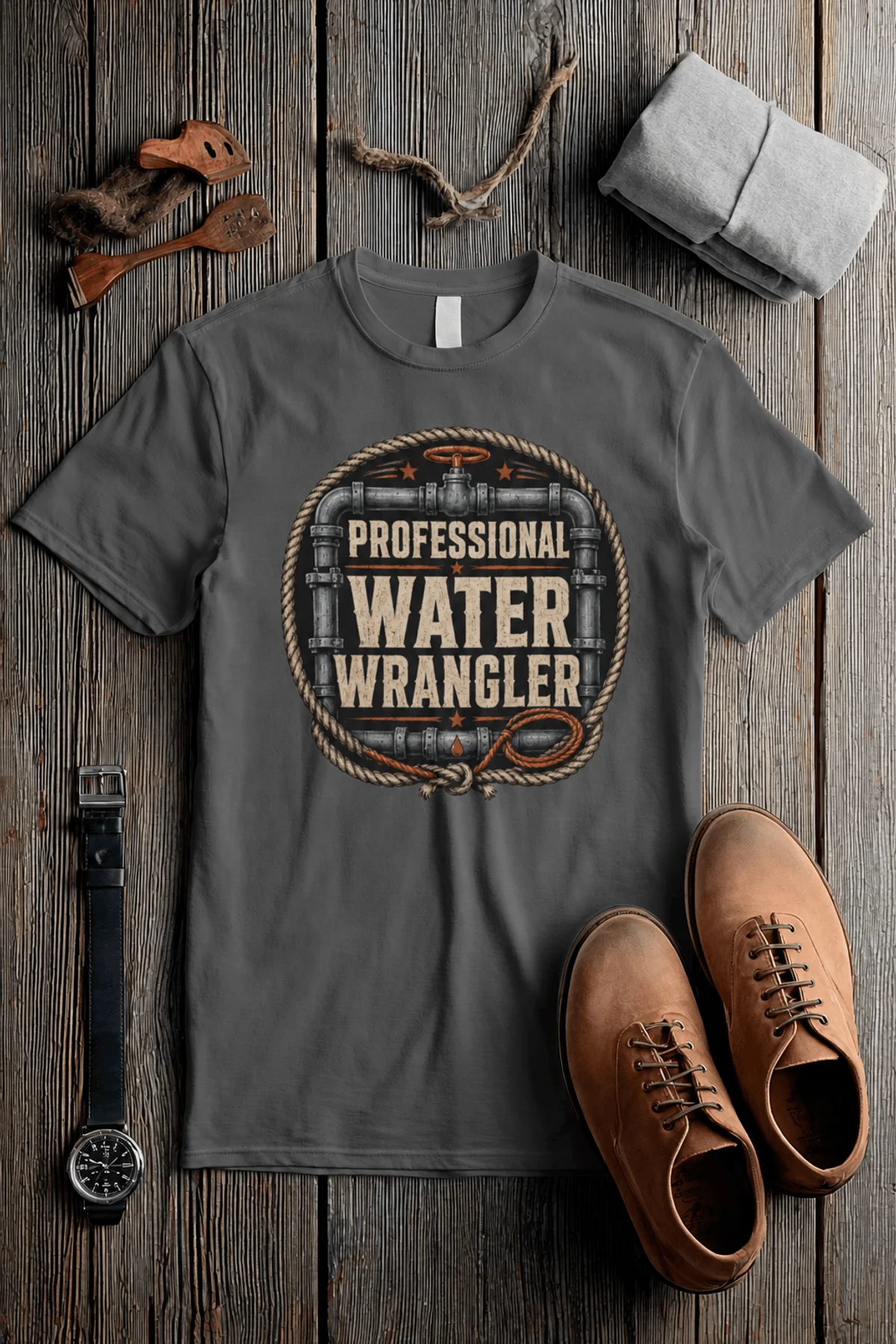 Funny Plumber Tee - "Professional Water Wrangler" Rustic Rope Graphic T-Shirt — pepper t-shirt, flat-lay product photo | Pressure Tested Co