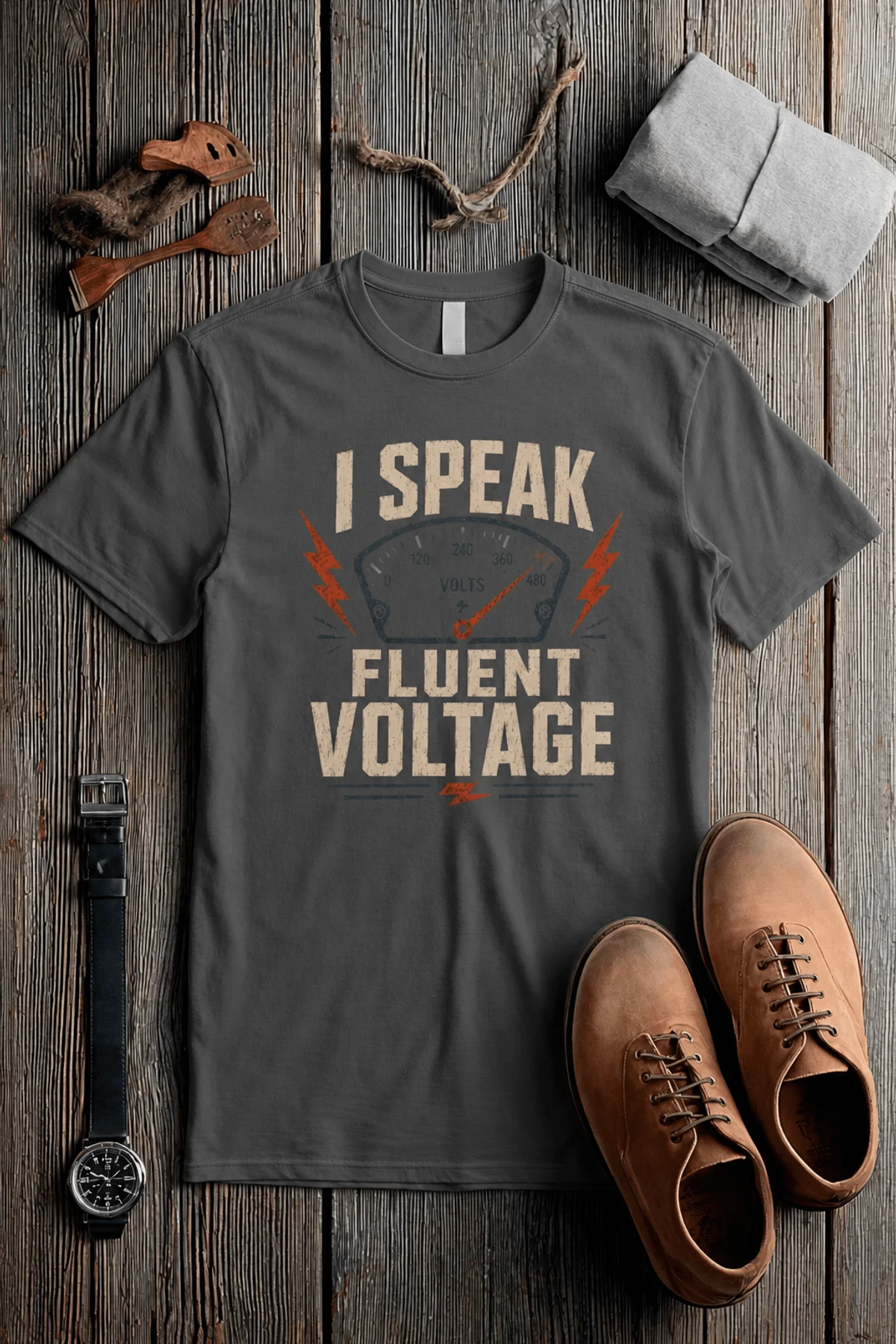 I Speak Fluent Voltage T-Shirt — Electrician & Electronics Tech Gift — pepper t-shirt, flat-lay product photo | Pressure Tested Co