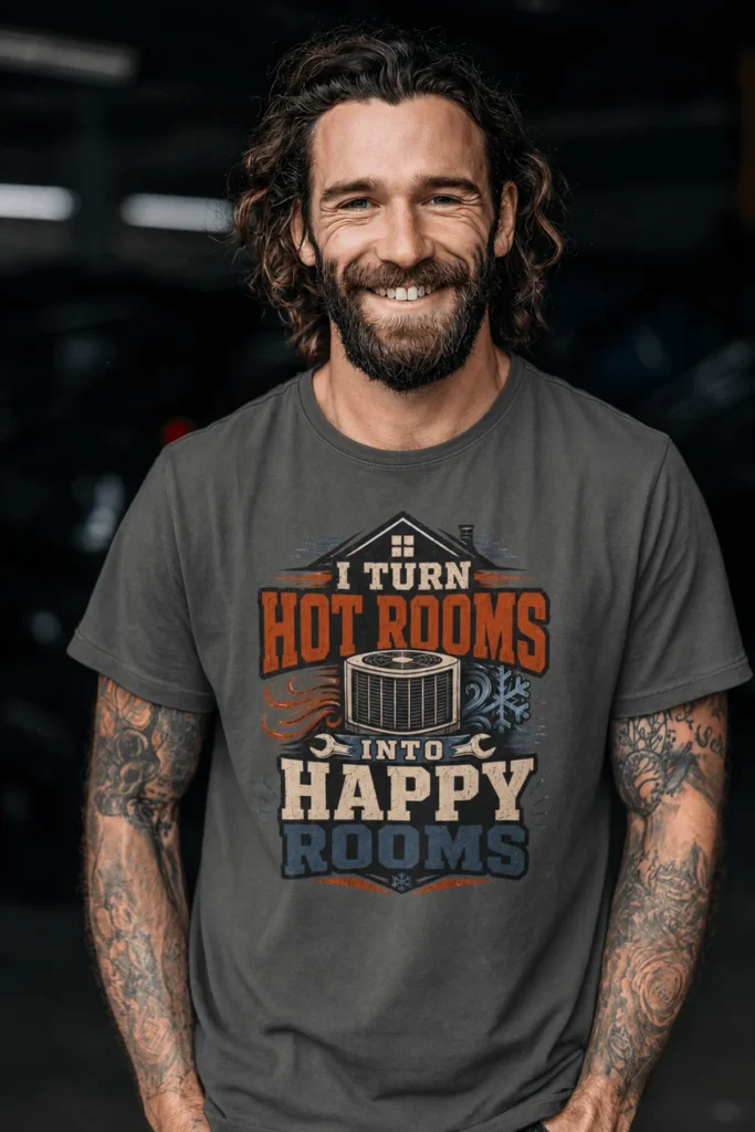 HVAC Technician T-Shirt — "I Turn Hot Rooms Into Happy Rooms" Vintage HVAC Shirt — pepper t-shirt, model photo | Pressure Tested Co