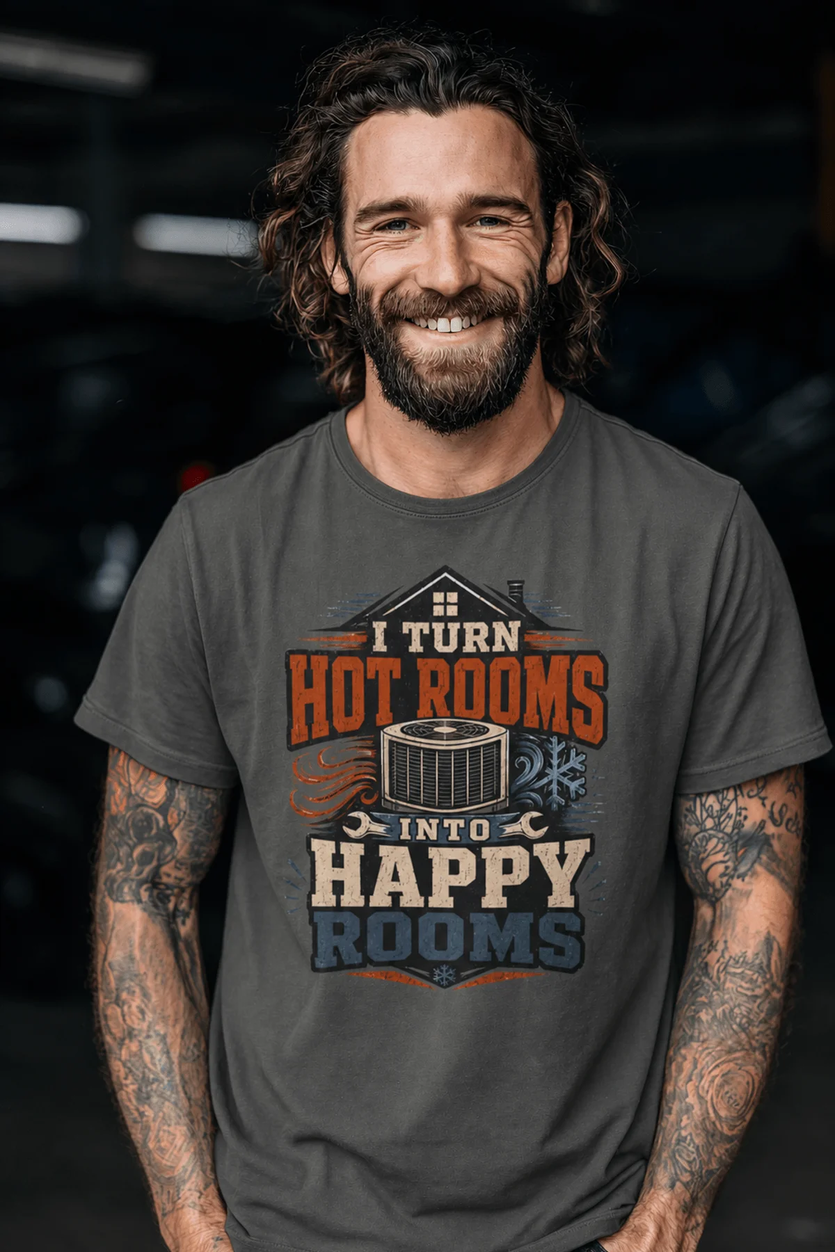 HVAC Technician T-Shirt — "I Turn Hot Rooms Into Happy Rooms" Vintage HVAC Shirt — pepper — Model HVAC Technician T-Shirt — "I Turn Hot Rooms Into Happy Rooms" Vintage HVAC Shirt — pepper t-shirt, model photo | Pressure Tested Co