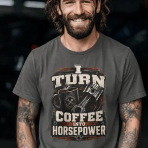 Mechanic Technician T-Shirt — "I Turn Coffee Into Horsepower" Vintage Work Shirt — pepper t-shirt, model photo | Pressure Tested Co