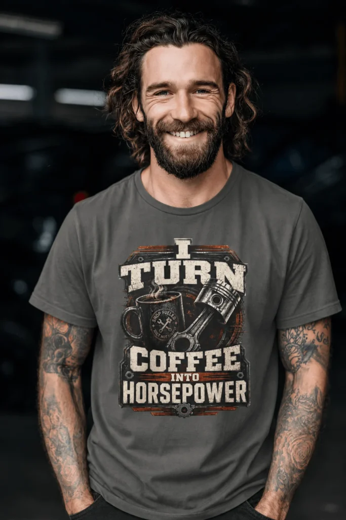 Mechanic Technician T-Shirt — "I Turn Coffee Into Horsepower" Vintage Work Shirt — pepper t-shirt, model photo | Pressure Tested Co