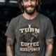 Mechanic Technician T-Shirt — "I Turn Coffee Into Horsepower" Vintage Work Shirt — pepper — Model Mechanic Technician T-Shirt — "I Turn Coffee Into Horsepower" Vintage Work Shirt — pepper t-shirt, model photo | Pressure Tested Co