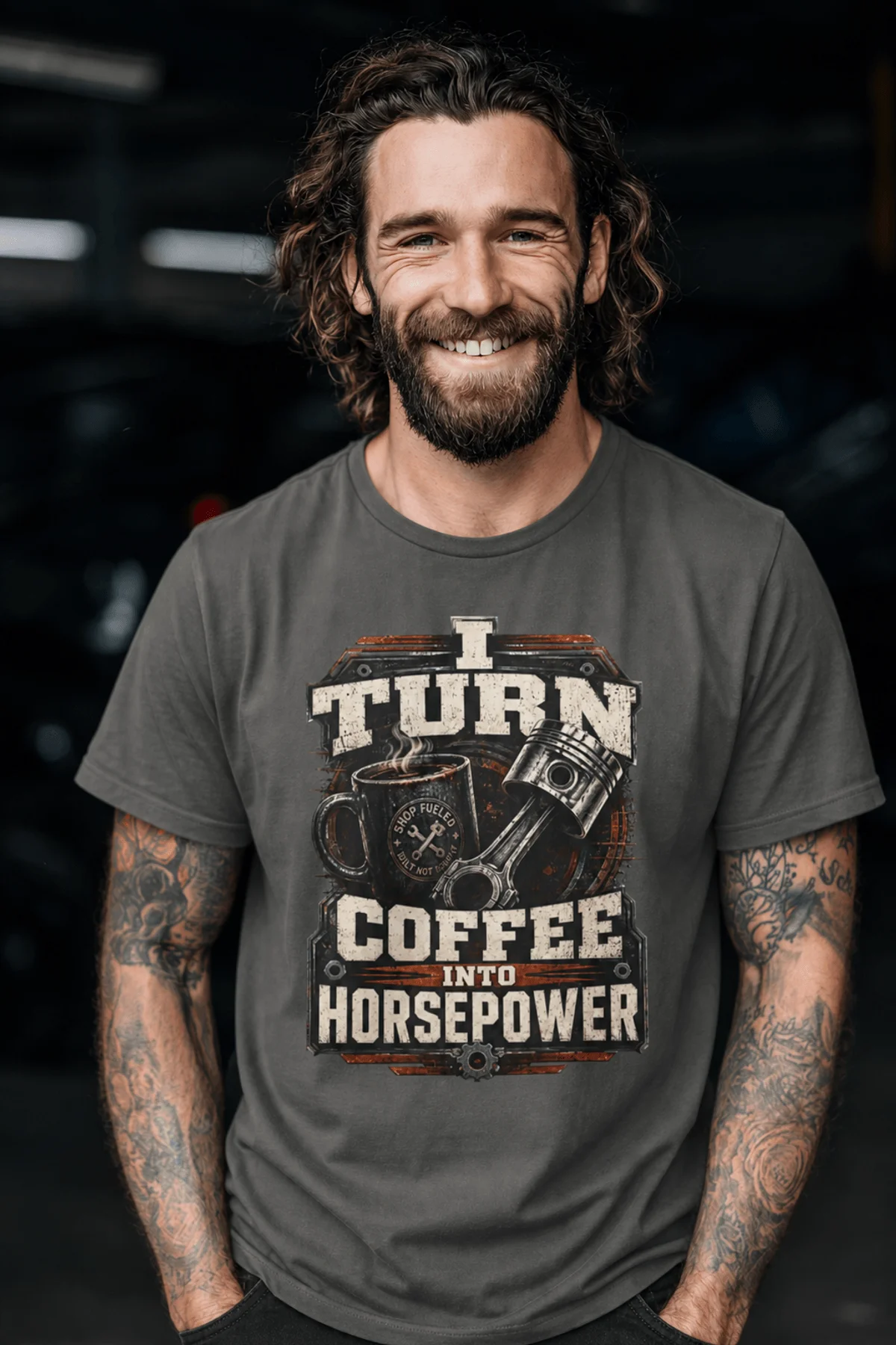 Mechanic Technician T-Shirt — "I Turn Coffee Into Horsepower" Vintage Work Shirt — pepper — Model Mechanic Technician T-Shirt — "I Turn Coffee Into Horsepower" Vintage Work Shirt — pepper t-shirt, model photo | Pressure Tested Co