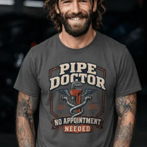 Plumber T-Shirt — "Pipe Doctor. No Appointment Needed" Vintage Work Shirt — pepper t-shirt, model photo | Pressure Tested Co