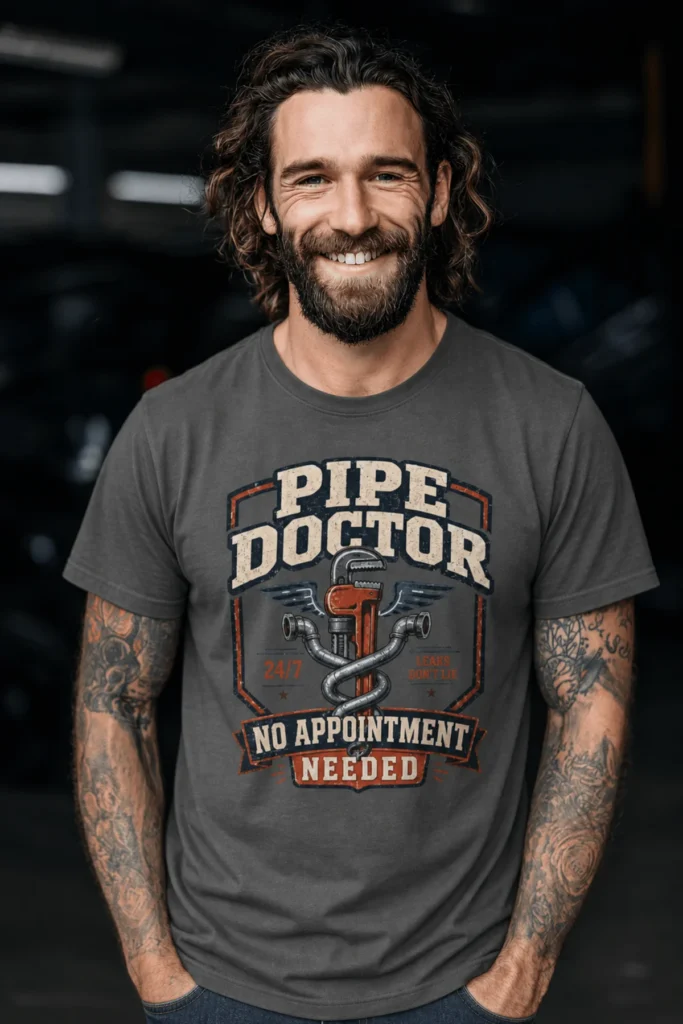 Plumber T-Shirt — "Pipe Doctor. No Appointment Needed" Vintage Work Shirt — pepper t-shirt, model photo | Pressure Tested Co
